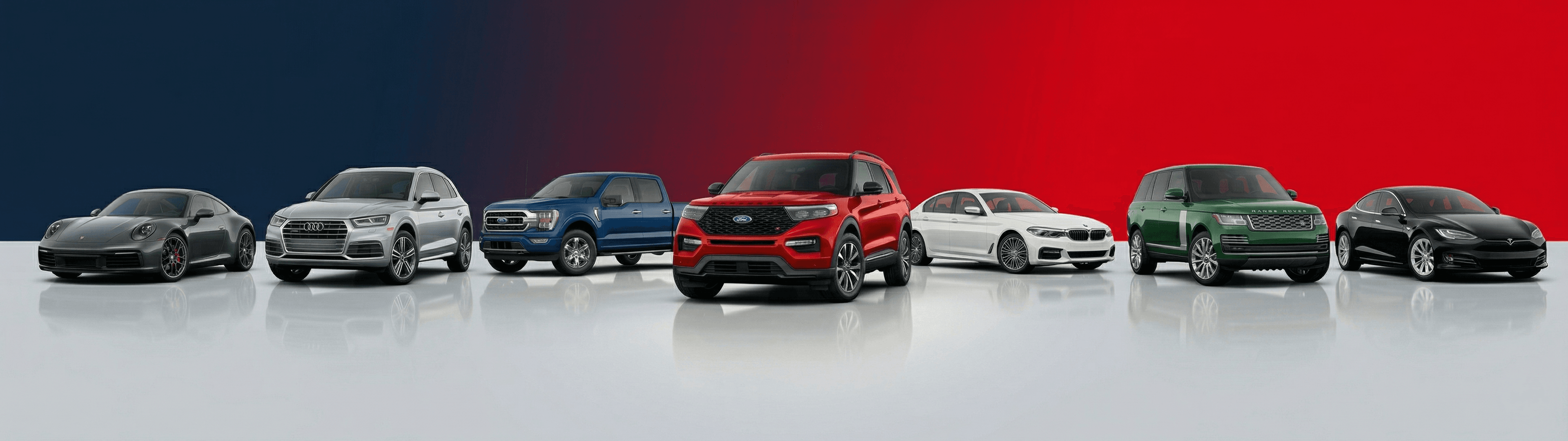 Discover your perfect car — Blue pickup, Red SUV, White sedan